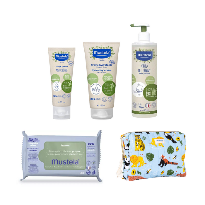 Mustela organic kit - 5 products - Mustela cleansing wipes,Mustela organic cleansing gel,Mustela organic hydrating cream, Mustela organic diaper cream,Baby pouch